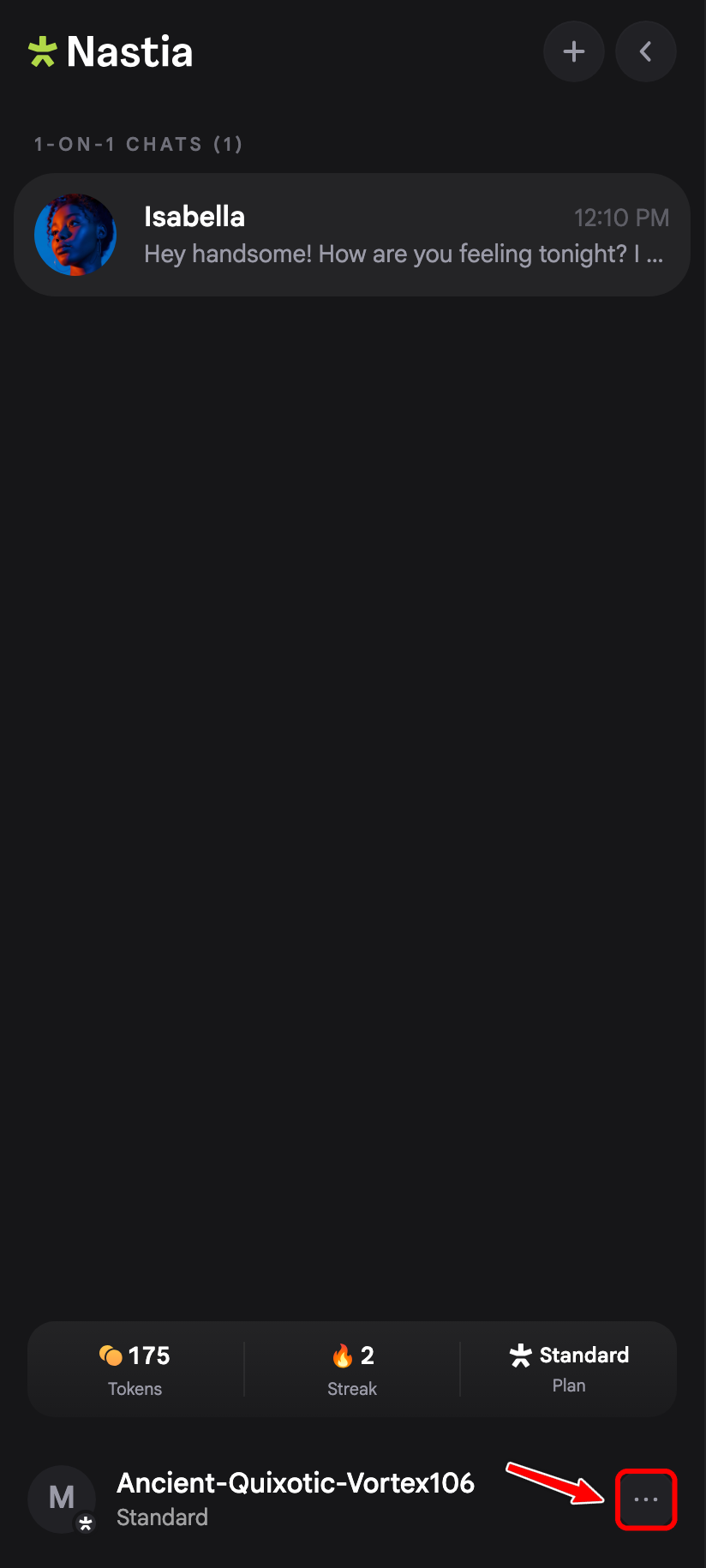 Mobile sidebar with a red arrow pointing to the kebab menu next to the profile row at the bottom.
