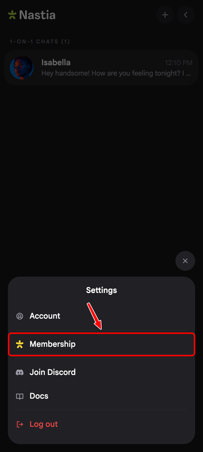 Settings bottom sheet with a red box around the Membership option.