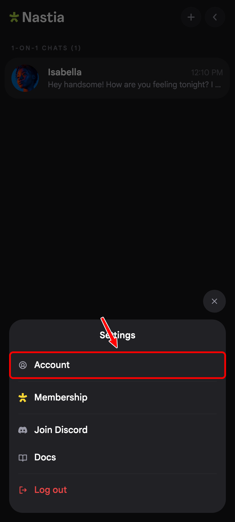 Settings bottom sheet with a red box around the Account option.