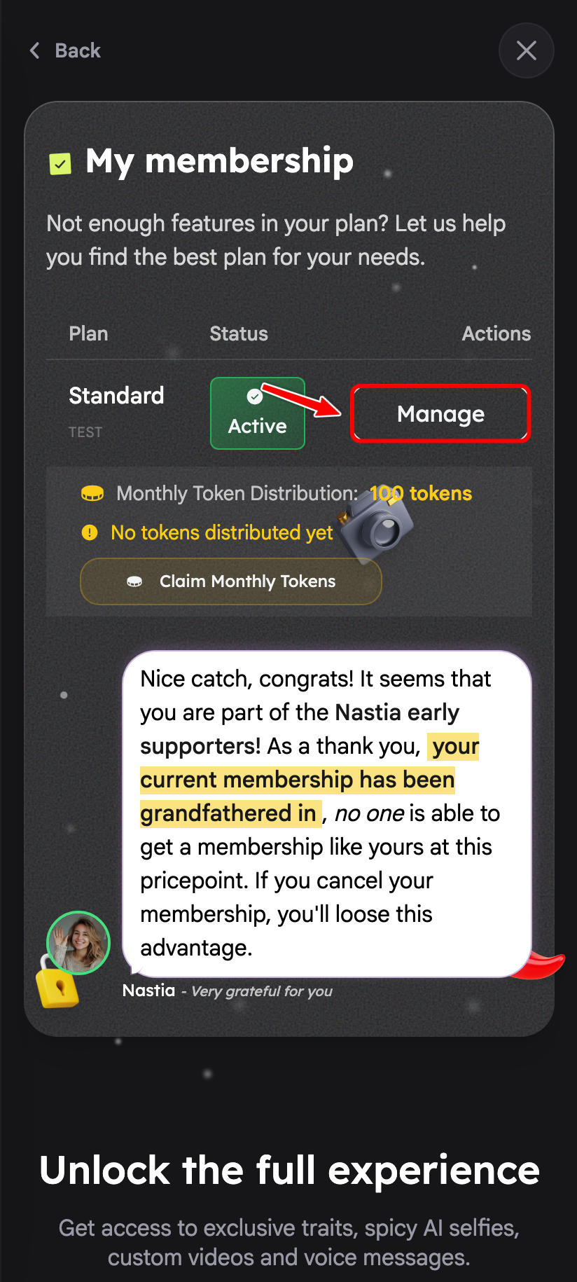 Mobile membership page with a red box around the Manage button.