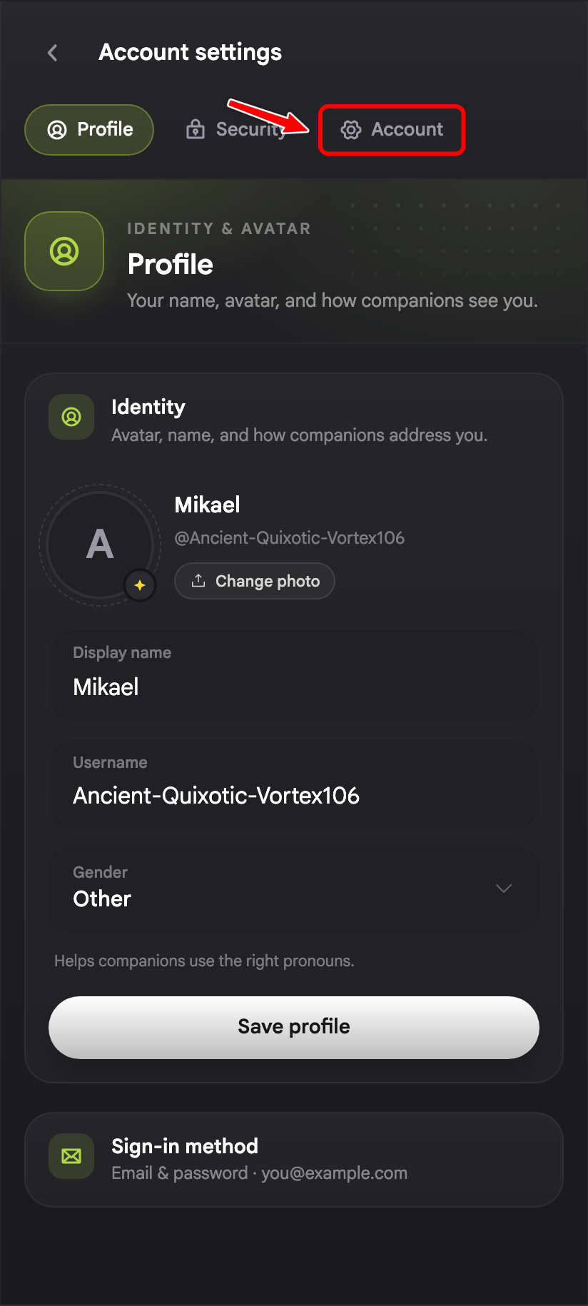 Account Settings modal on mobile with a red box around the Account tab.