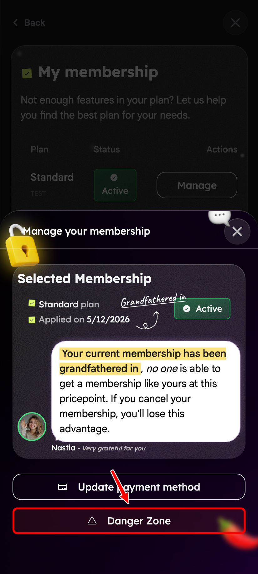 Manage Subscription modal on mobile with a red box around the Danger Zone button.