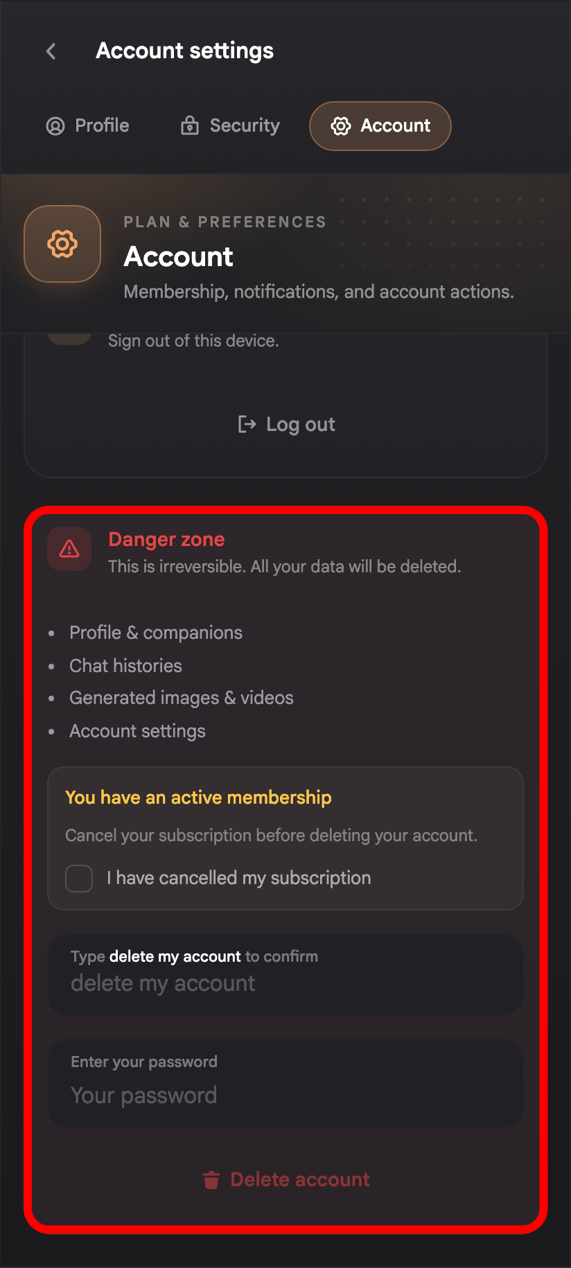 Account tab Danger zone with confirmation input, password field, and Delete account button highlighted.