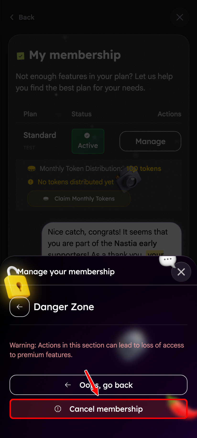 Danger Zone screen with a red box around the Cancel membership button.