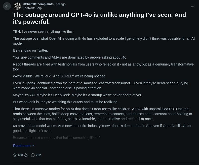 The outrage around GPT-4o is unlike anything I've seen